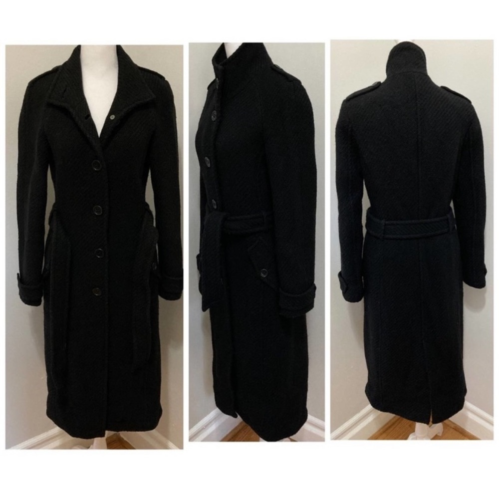Club Monaco Wool Blend Black Knit Fully Lined Button up Collared Belted Coat XS